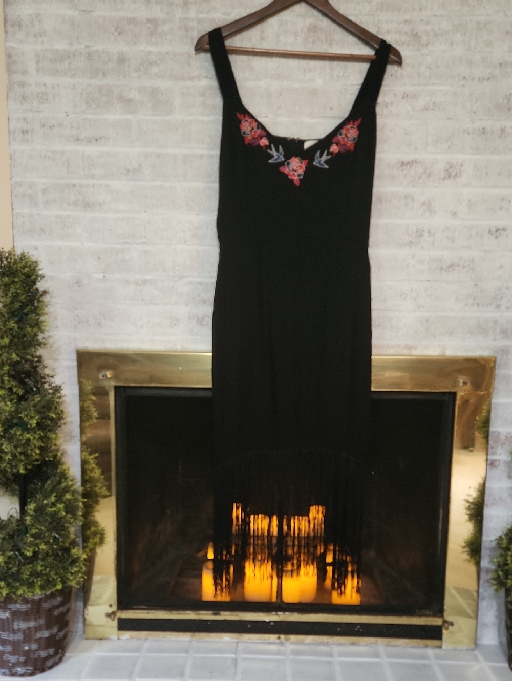 Idyllwind Black Embroidered Fringe Dress Rose & Bird Sleeveless Mini Size Large